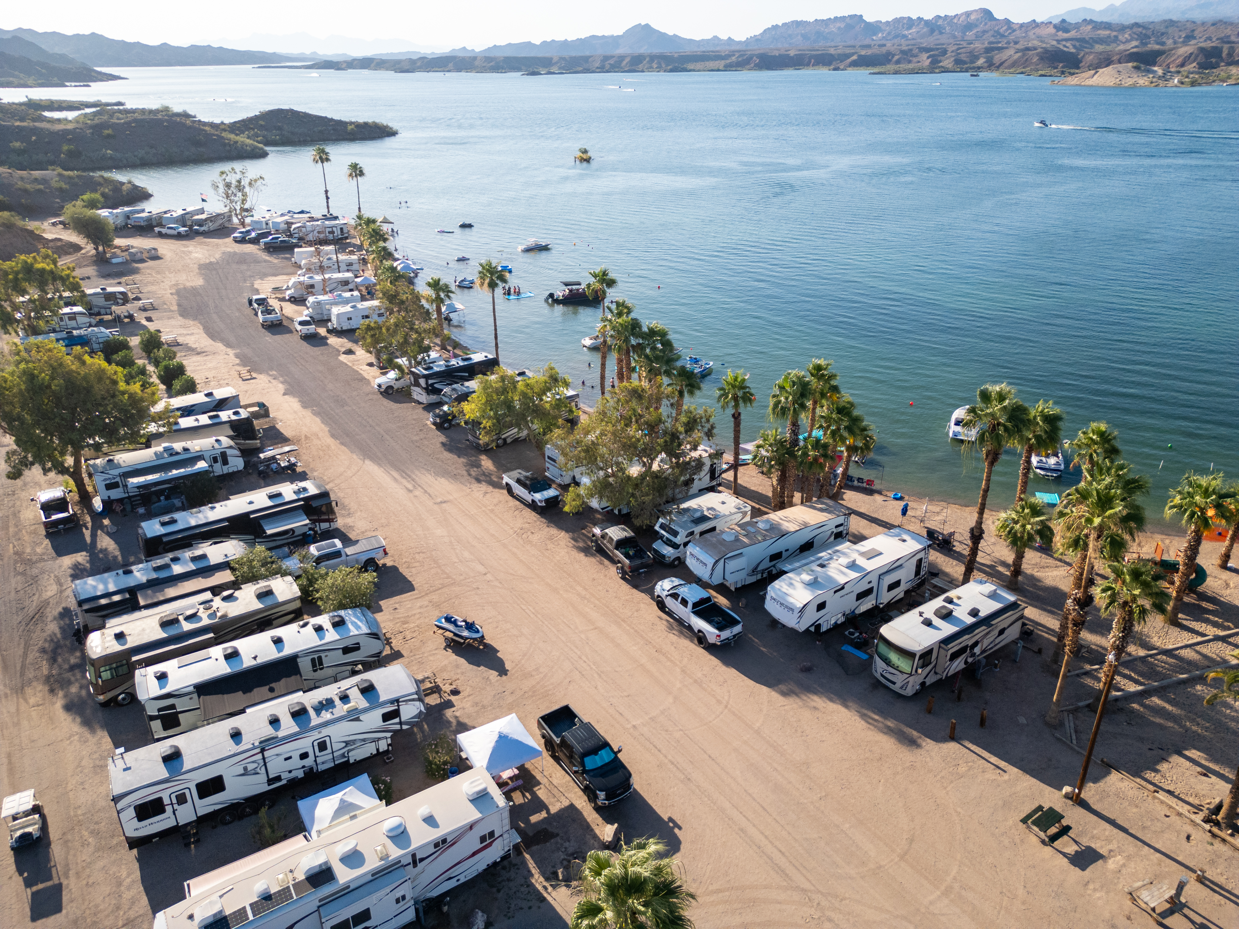 High-angle view of Black Meadow Landing RV Resort in Lake Havasu, CA